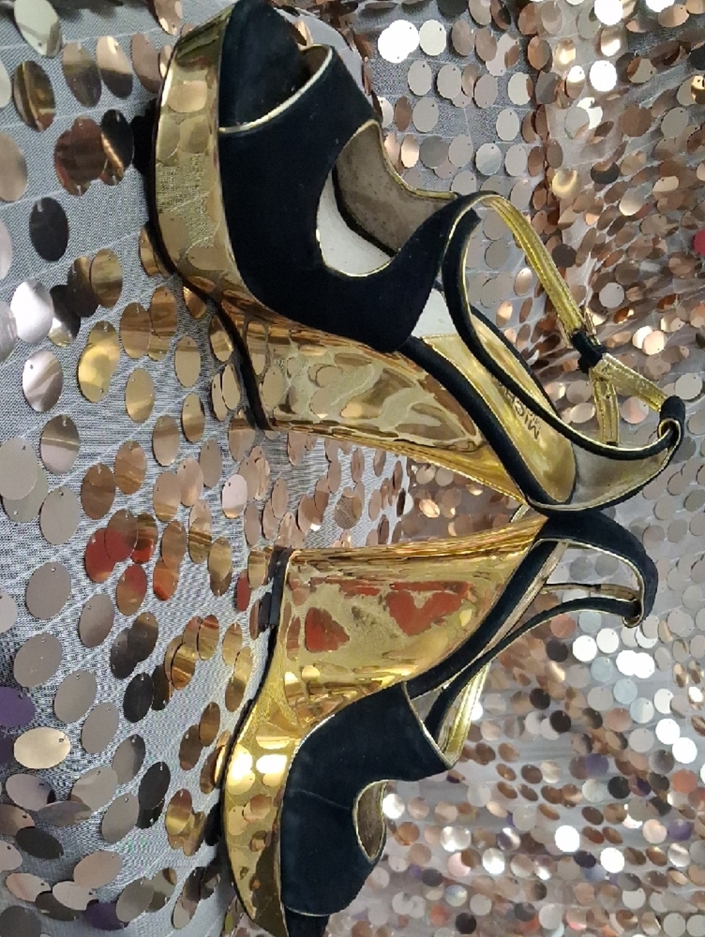 Michael Kors Black Suede and Gold Wedge Sandals - Picture 8 of 12